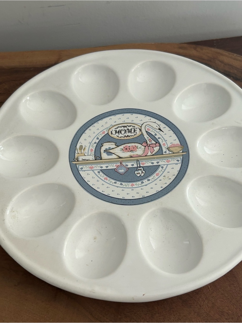 Ceramic Devilled Egg Tray Round with Blue Floral Swan Motif Cottagecore Homr
